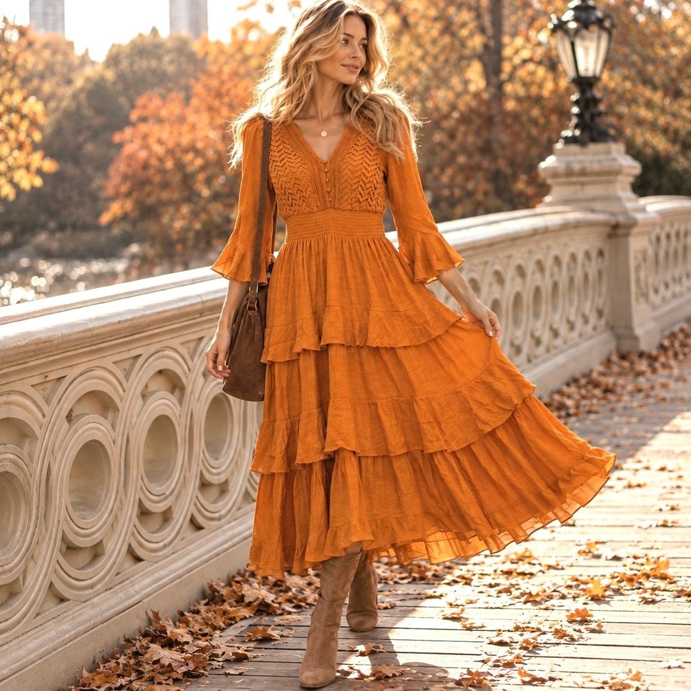 Anthropologie Kings Road Medium Maxi Dress Orange Witchy Cottagecore Boho Fairy